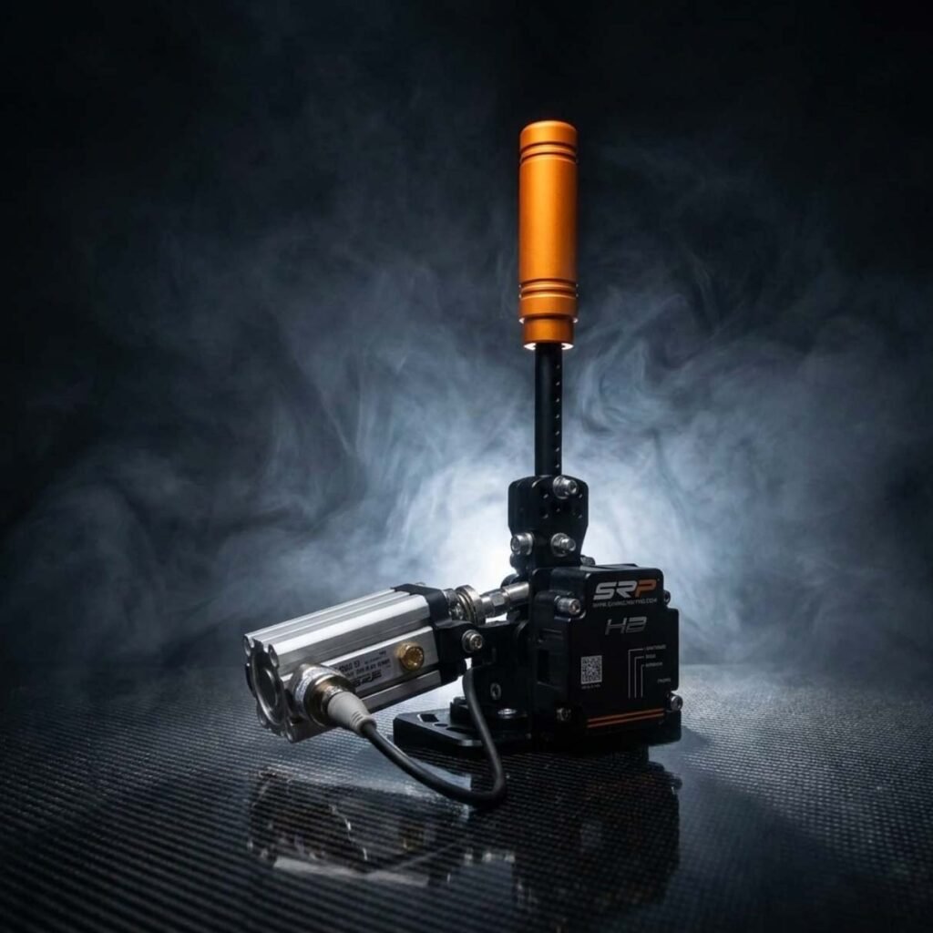 SRP Pneumatic Sim Racing Handbrake in full profile view showing CNC aluminum construction