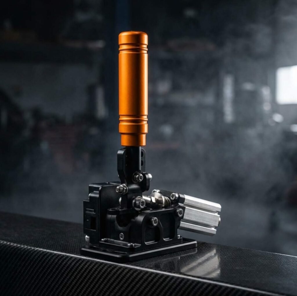 Ergonomic grip and machined aluminum handle of the SRP sim racing handbrake