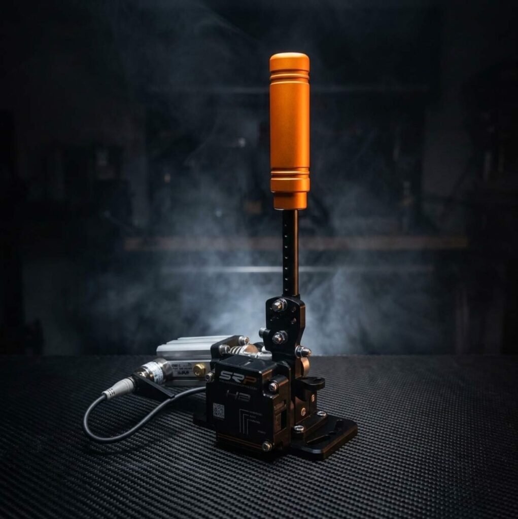 Sim racer pulling the SRP pneumatic handbrake during a high-speed drift simulation