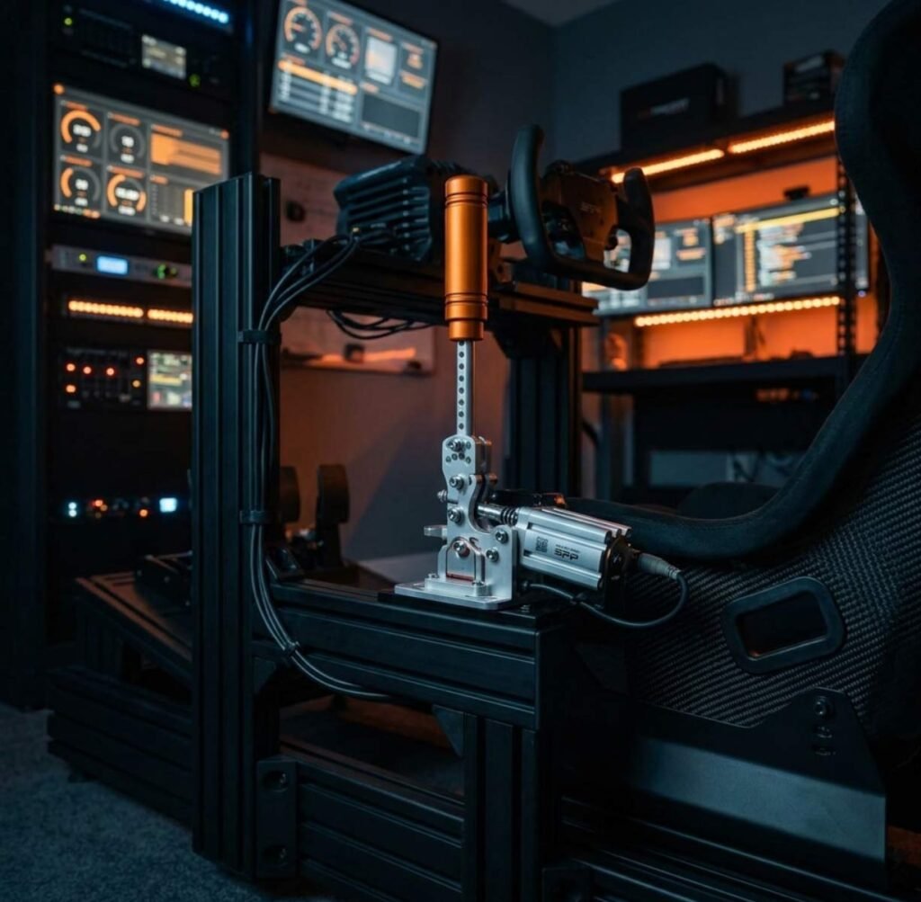 SRP pneumatic handbrake installed next to a sequential shifter on a professional sim racing rig