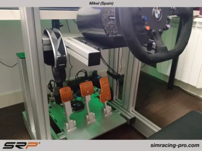 SRP GT-R pedals closeup Mikel Spain setup showing pneumatic braking system and SKF bearings - professional durable sim racing pedals