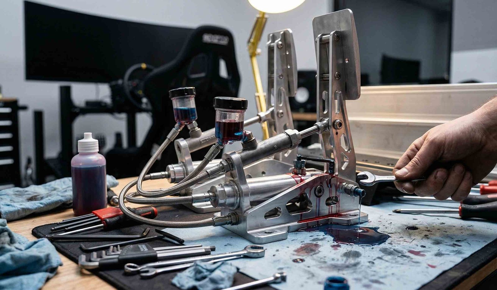 Hydraulic sim racing pedals maintenance and fluid leaks